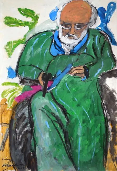 Matisse en robe verte assis dans un fauteuil, feuilles vertes et bleues sur fond blanc, peinture de Marc Sardina