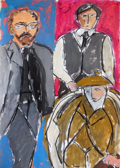 Trois hommes en costume sur fond bleu et rouge, gris et ocre, peinture de Marc Sardina