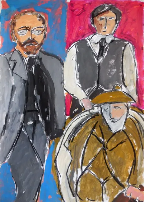 Trois hommes en costume sur fond bleu et rouge, gris et ocre, peinture de Marc Sardina