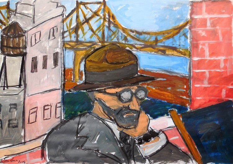 Homme à chapeau et lunettes noires devant un pont de New York, bleu, ocre et rouge brique, peinture de Marc Sardina