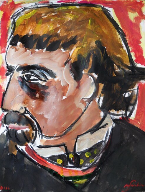 Profil d'homme à moustache et cheveux roux sur fond rouge et jaune, peinture de Marc Sardina