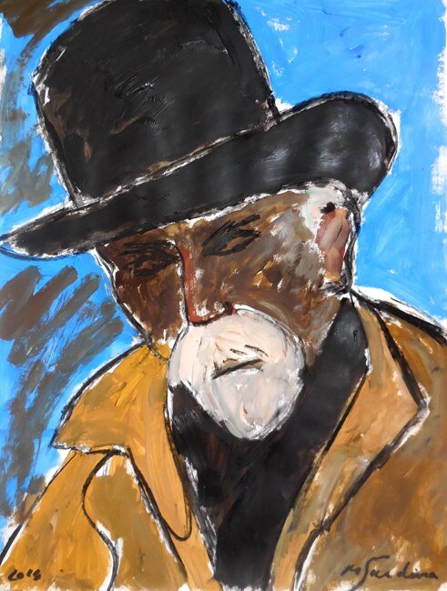 Vieil homme à barbe blanche et grand chapeau noir, manteau ocre sur fond bleu, peinture de Marc Sardina