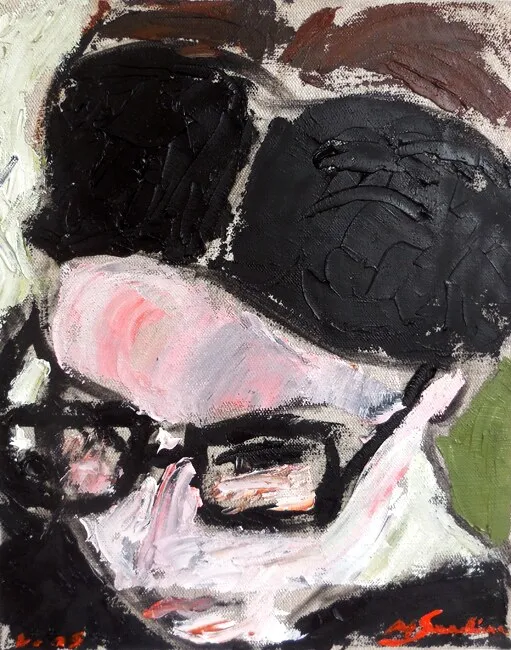 Visage d'homme à grosses lunettes noires en pâte épaisse, rose, noir et vert, peinture de Marc Sardina