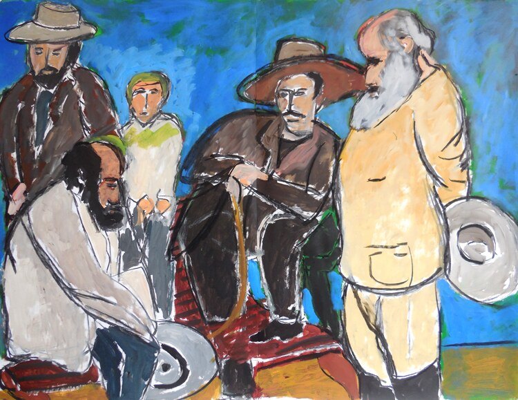 Cinq hommes barbus à chapeaux réunis sur fond bleu vif, tons bruns et beiges, peinture de Marc Sardina