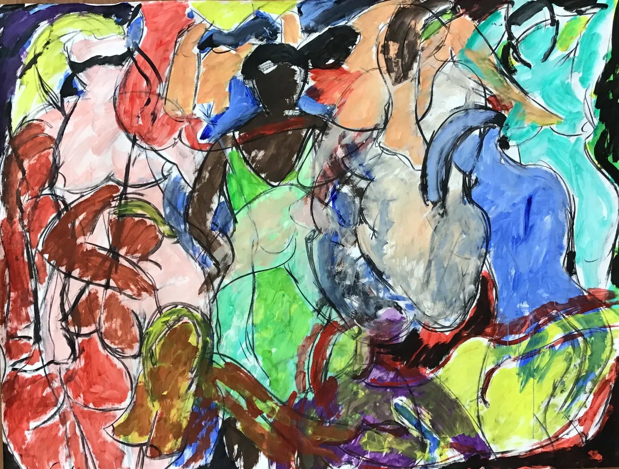 Baigneuses enchevetrees au cerne noir, maillot vert, corps rouge, bleu et rose sur fond vert et turquoise, peinture de Marc Sardina