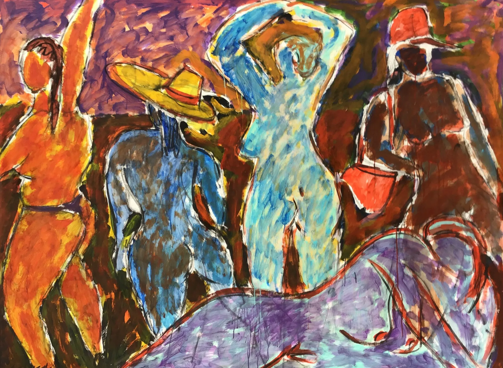 Quatre baigneuses debout, nu orange, dos bleu au chapeau jaune, nu bleu clair et figure brune, fond pourpre, peinture de Marc Sardina