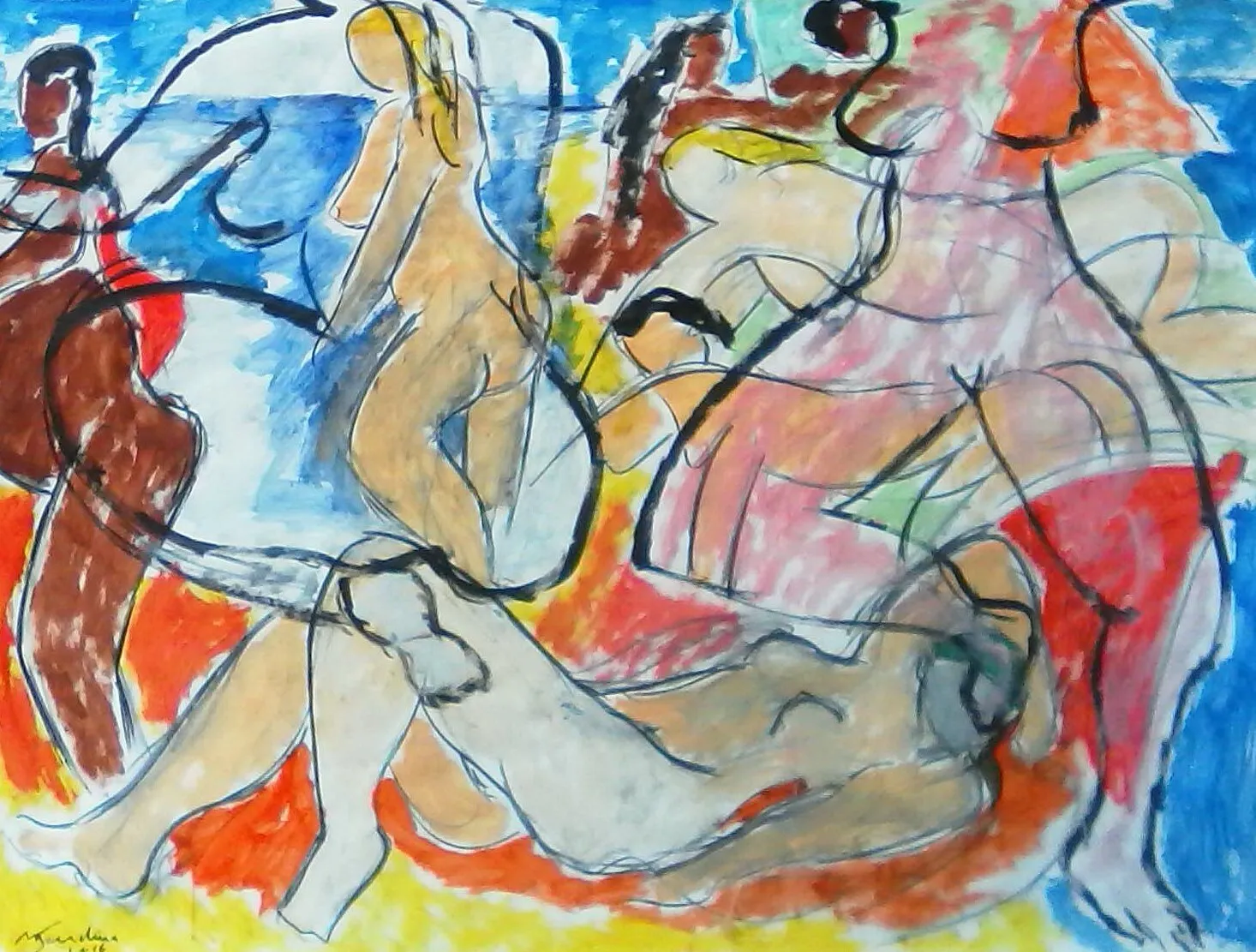 Baigneuses assises et allongees au trait noir, corps ocres sur sable jaune et mer bleue, dessin peint de Marc Sardina