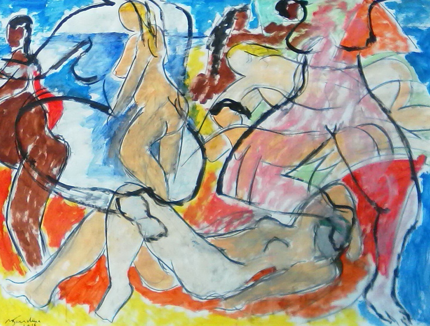Baigneuses assises et allongees au trait noir, corps ocres sur sable jaune et mer bleue, dessin peint de Marc Sardina