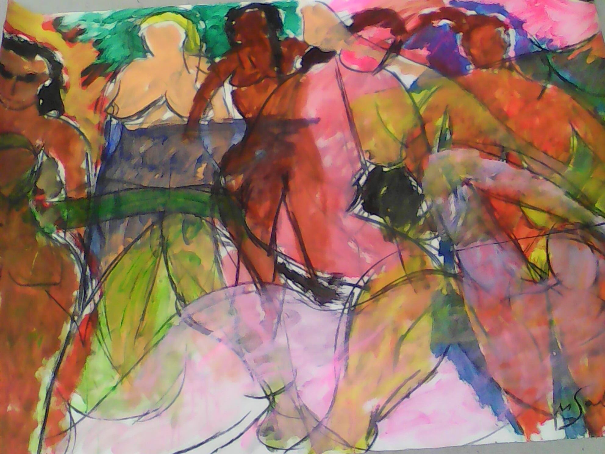 Foule de figures brunes et roses melees sur fond orange et rouge, lavis vert et rose, peinture de Marc Sardina