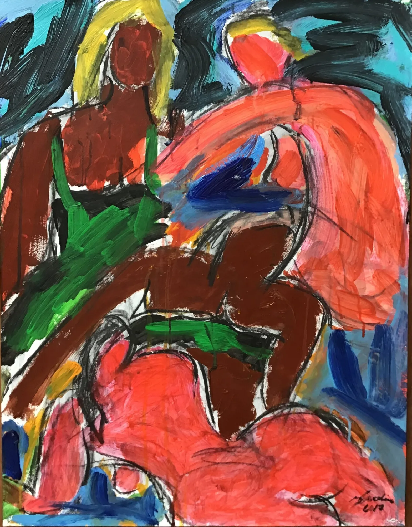 Deux femmes blondes aux visages brun rouge, maillot vert et drape rose saumon, fond bleu et vert sombre, peinture de Marc Sardina