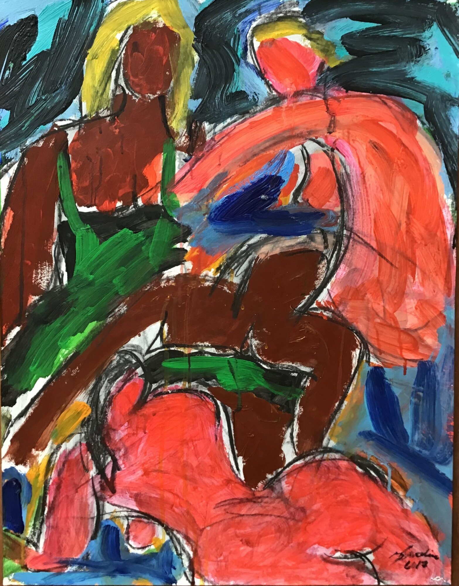 Deux femmes blondes aux visages brun rouge, maillot vert et drape rose saumon, fond bleu et vert sombre, peinture de Marc Sardina