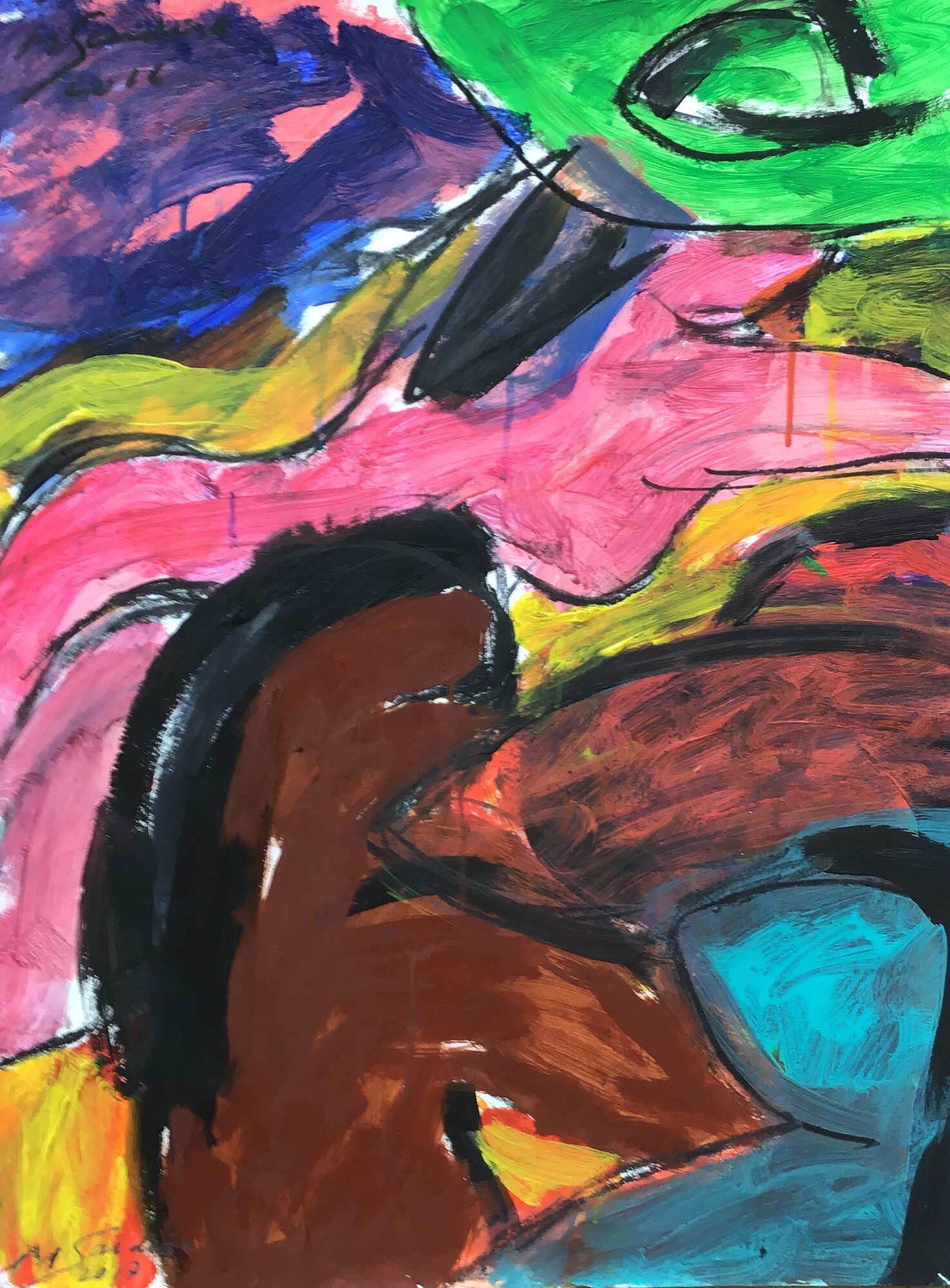 Dos brun cerne de noir sous des vagues rose, jaune et verte et un ciel violet, touche turquoise, peinture de Marc Sardina