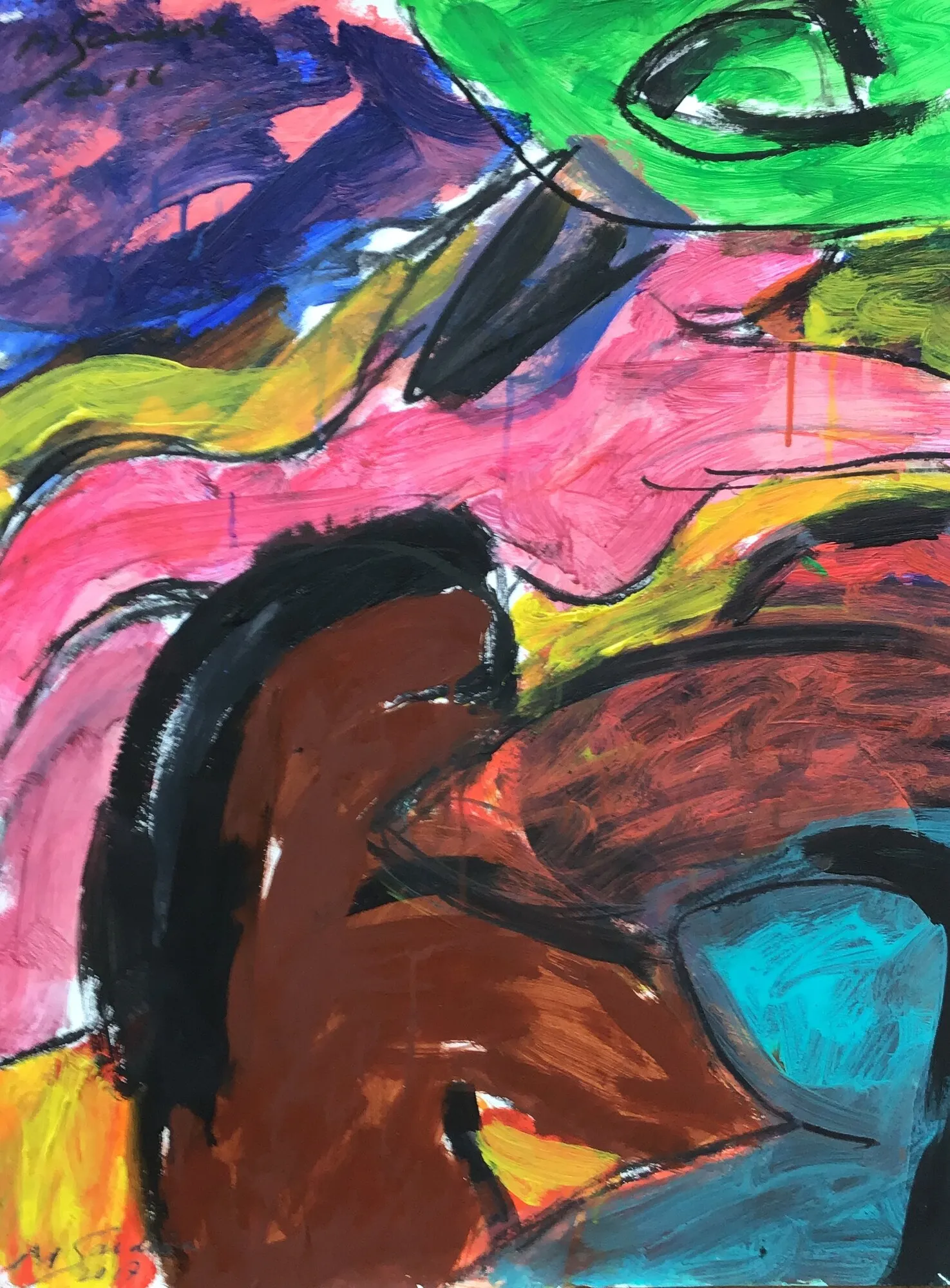 Dos brun cerne de noir sous des vagues rose, jaune et verte et un ciel violet, touche turquoise, peinture de Marc Sardina