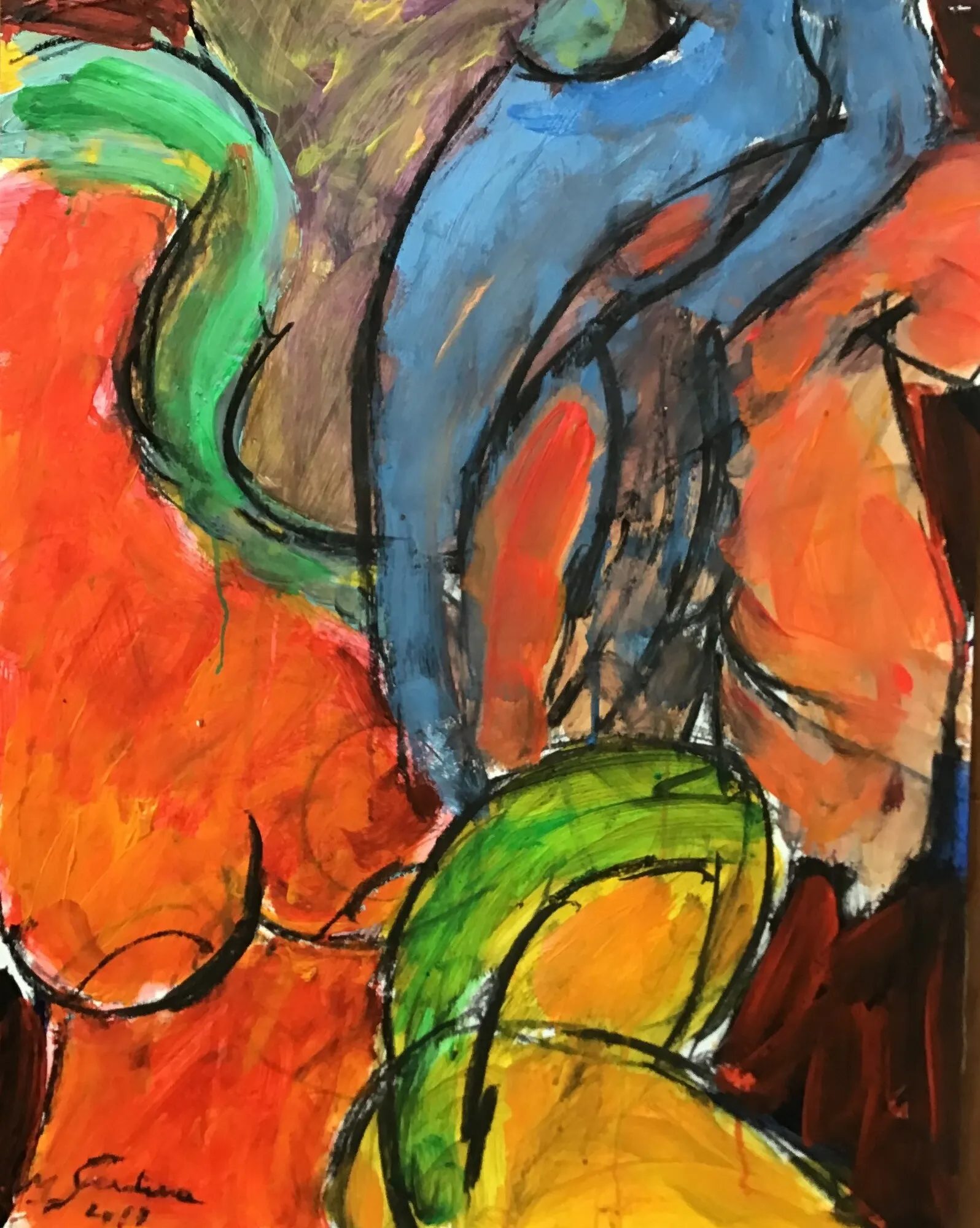 Jambes bleues entre une masse orange et un chapeau vert et jaune, fond brun violet, cerne noir, peinture de Marc Sardina