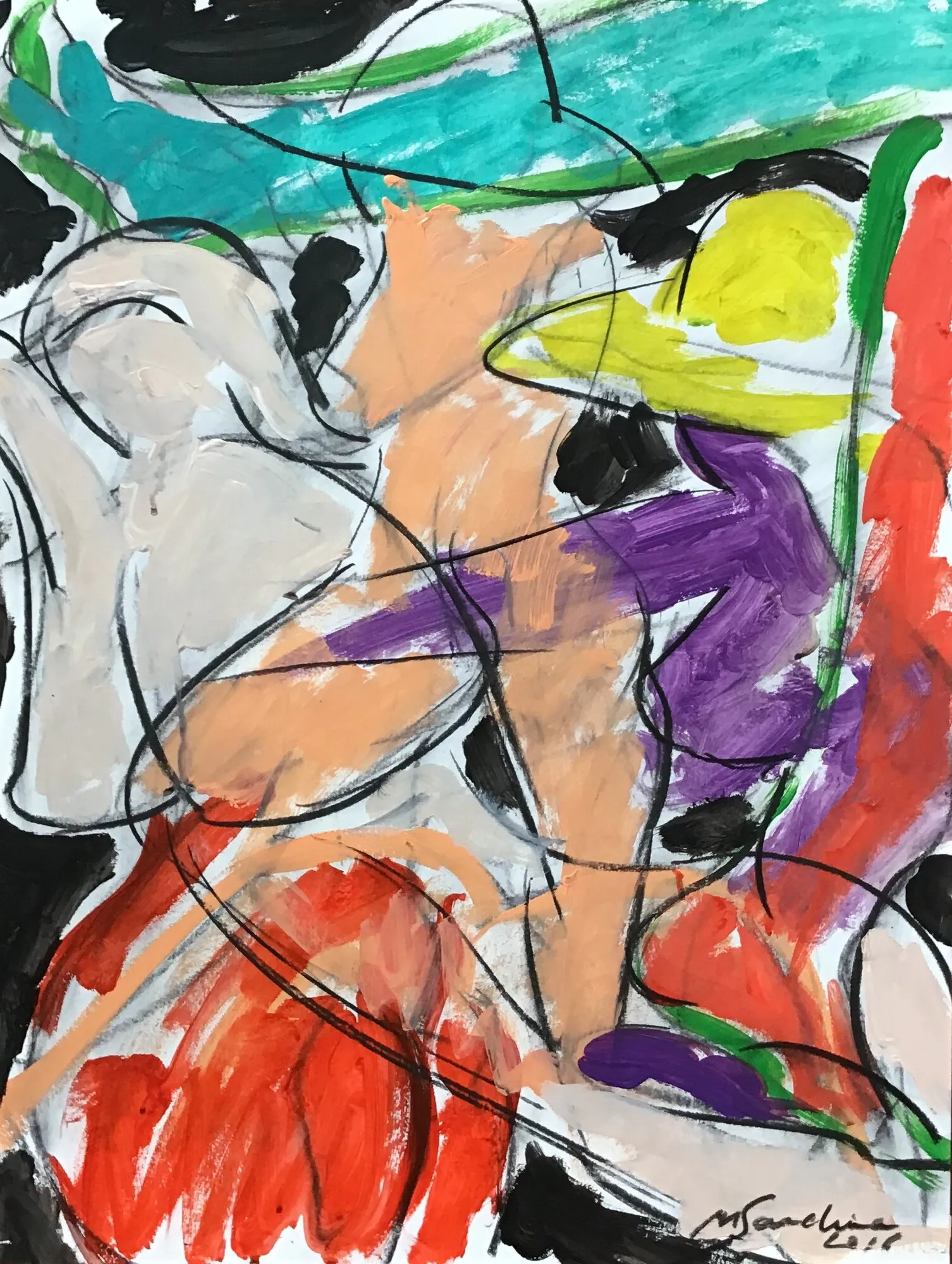 Nu assis de dos au chapeau jaune devant une mer turquoise, serviette grise et drape violet, traits noirs sur fond blanc, peinture de Marc Sardina