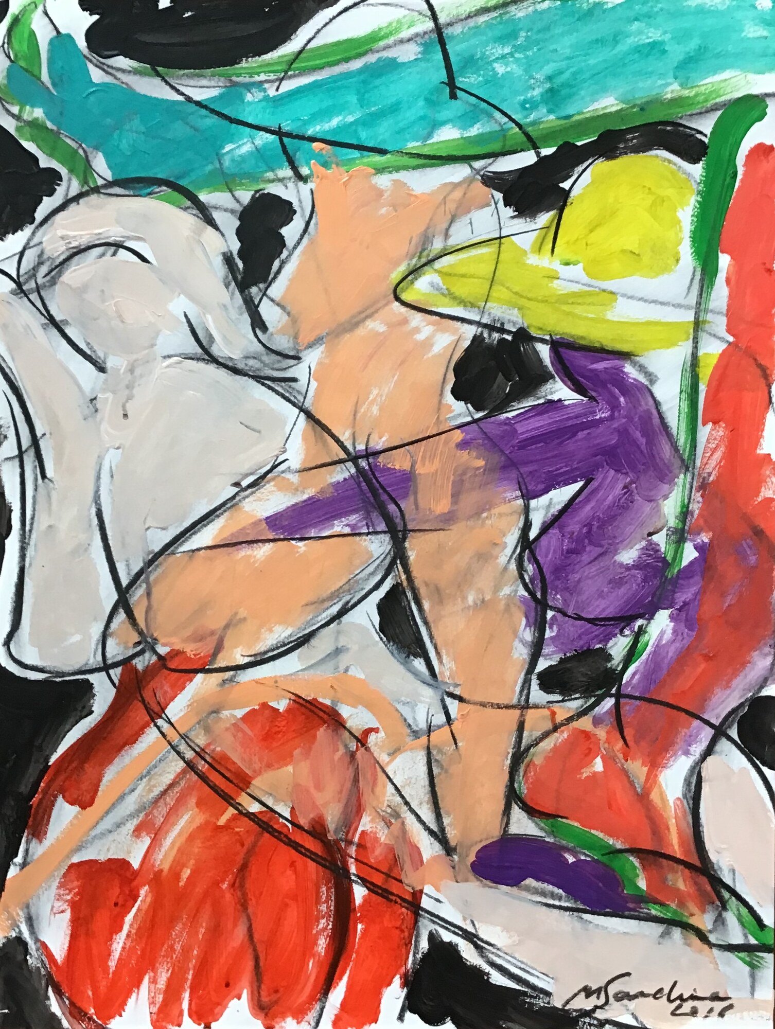 Nu assis de dos au chapeau jaune devant une mer turquoise, serviette grise et drape violet, traits noirs sur fond blanc, peinture de Marc Sardina