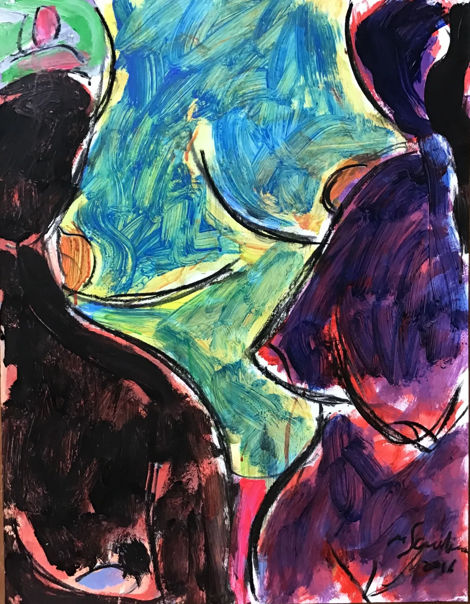 Masses brune et violette encadrant une trouee bleue et verte avec un corps esquisse, fond rose, peinture de Marc Sardina