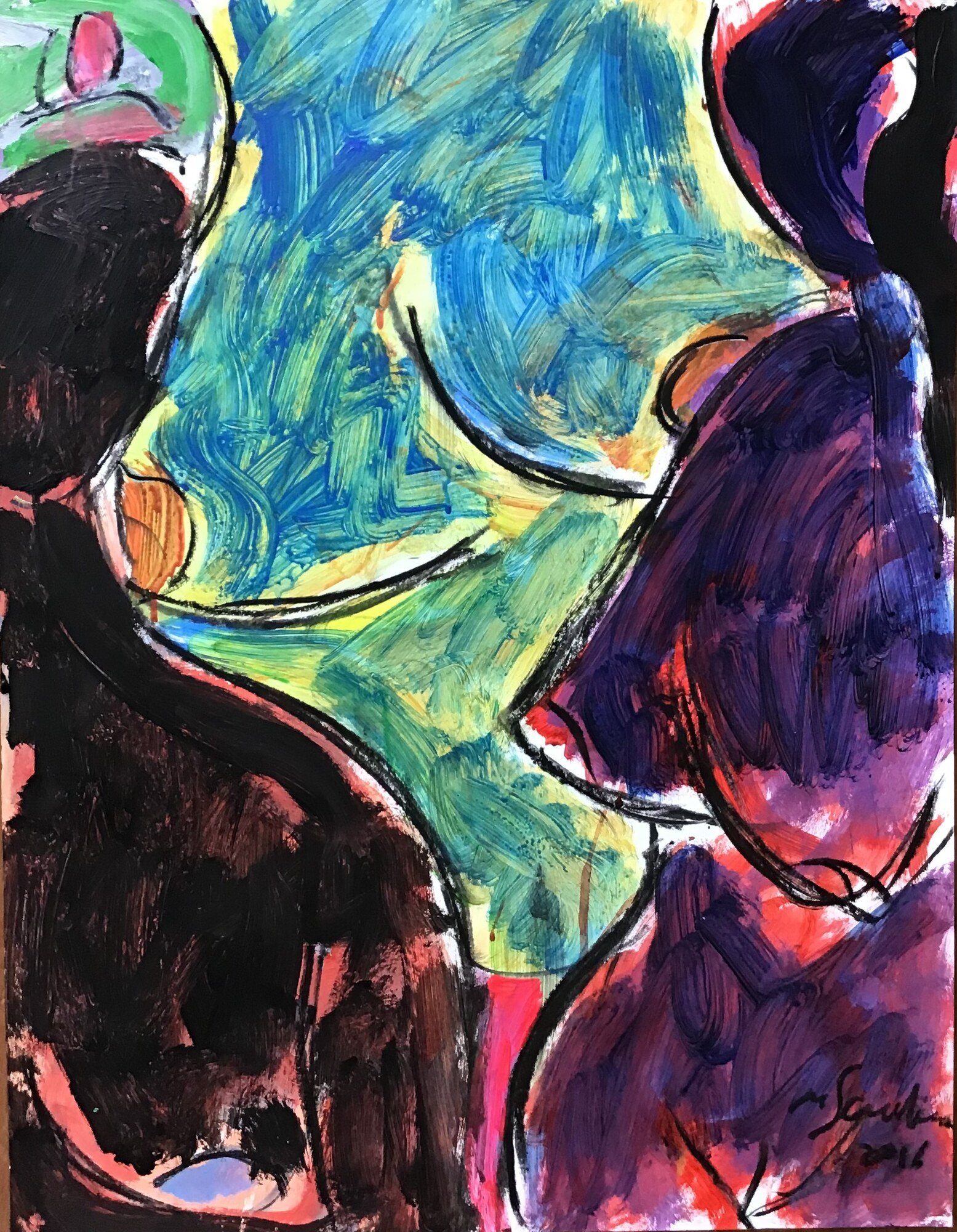 Masses brune et violette encadrant une trouee bleue et verte avec un corps esquisse, fond rose, peinture de Marc Sardina