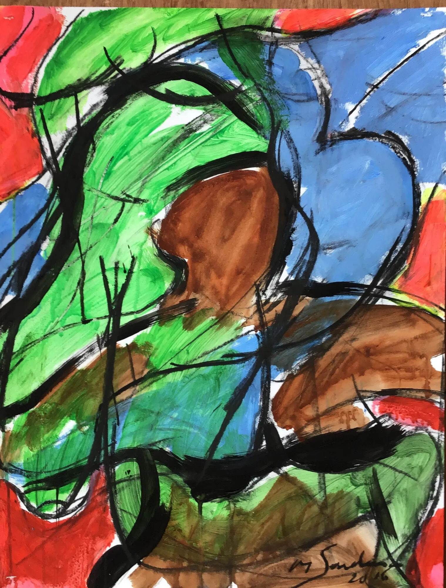 Tete brune de profil prise dans des traits noirs sur aplats verts et bleus, eclats rouges, fond blanc, peinture de Marc Sardina