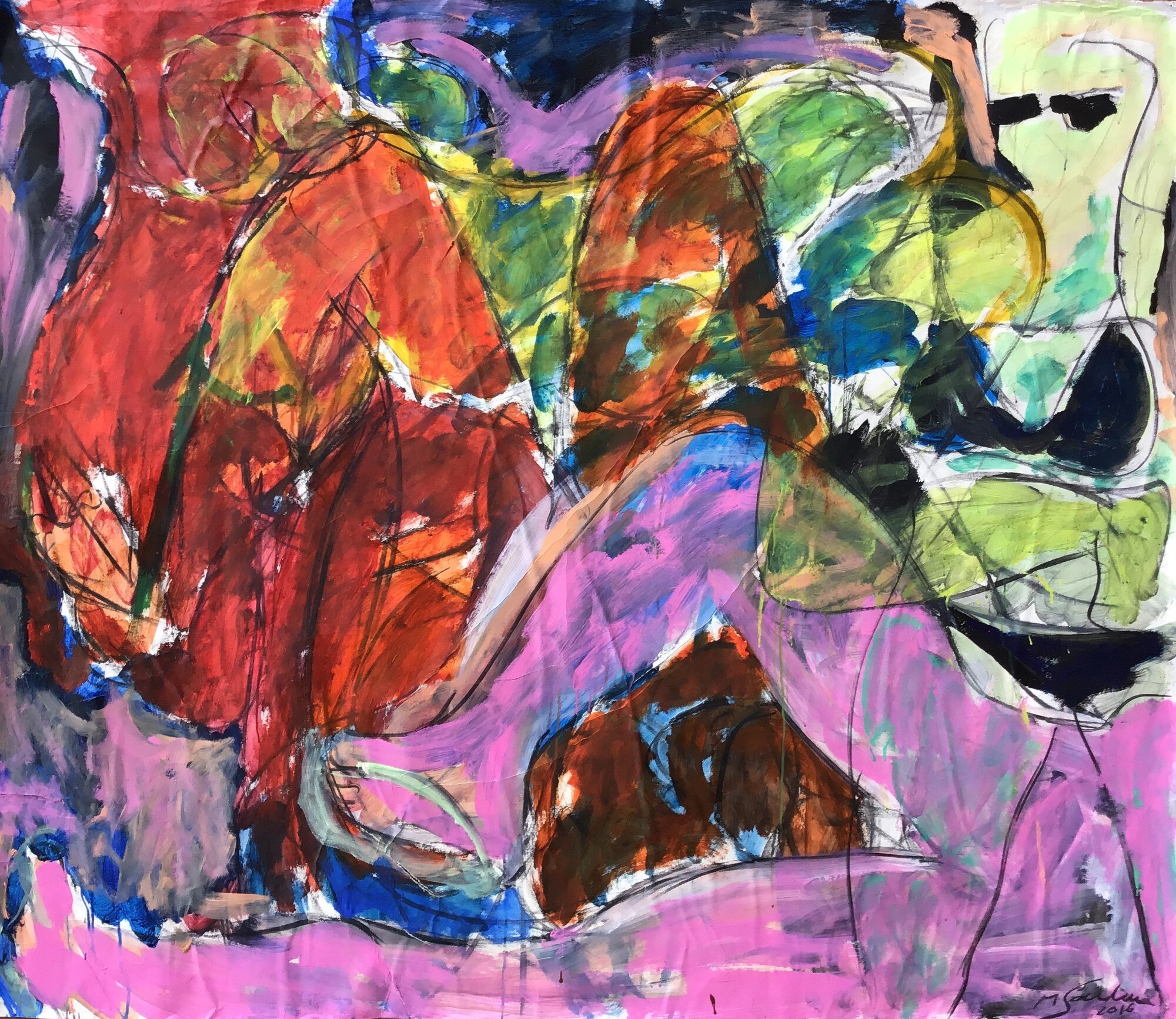 Nu rouge accroupi et nu vert sur sable rose vif, ciel bleu nuit, cerne noir, peinture de Marc Sardina
