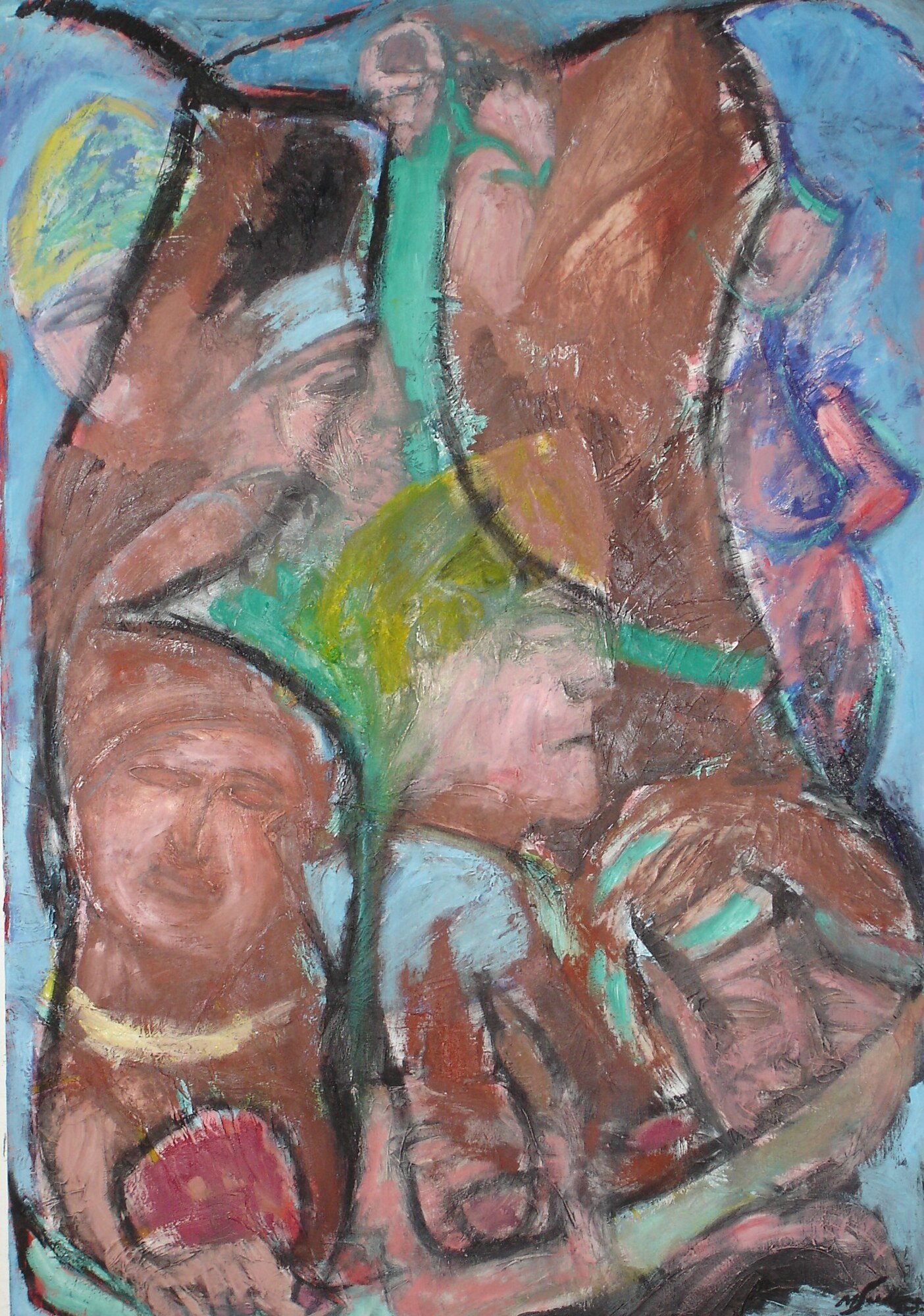 Foule de visages bruns empiles comme un relief antique, rameau vert, fond bleu ciel, peinture de Marc Sardina