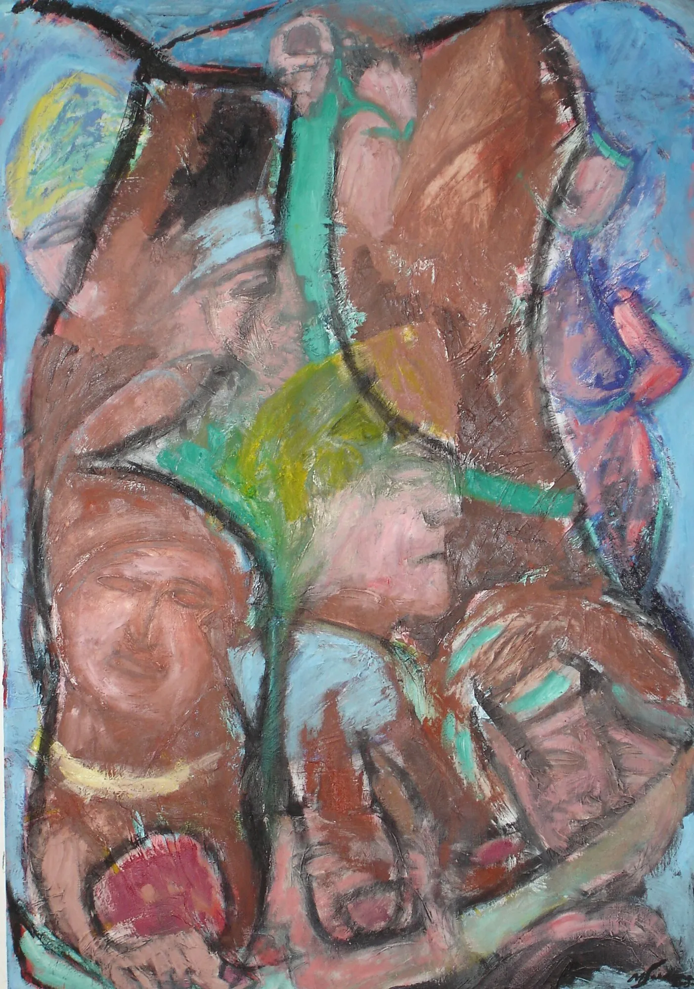 Foule de visages bruns empiles comme un relief antique, rameau vert, fond bleu ciel, peinture de Marc Sardina