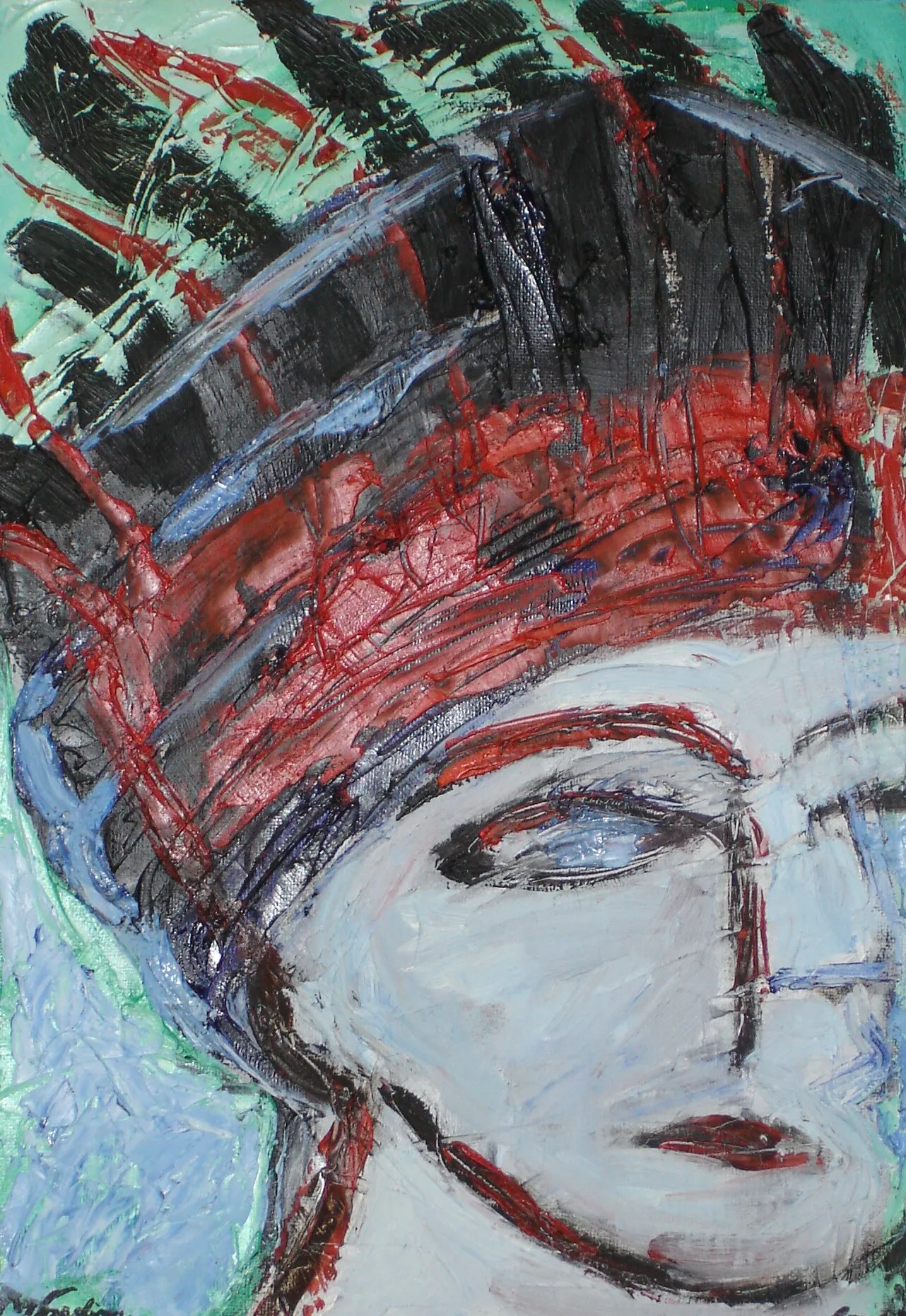 Tete pale au haut bonnet noir et rouge sur fond vert menthe, matiere epaisse, peinture de Marc Sardina