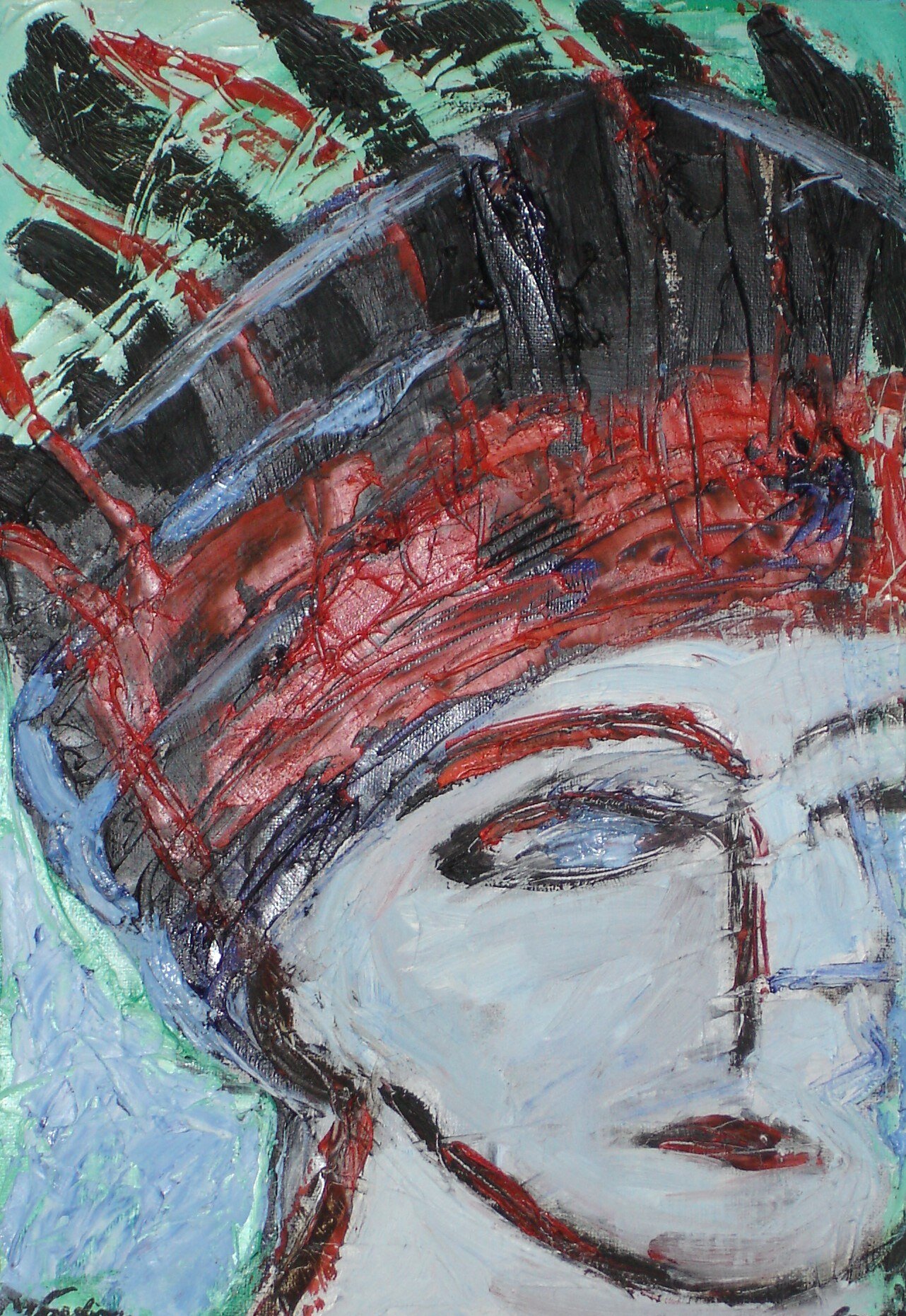 Tete pale au haut bonnet noir et rouge sur fond vert menthe, matiere epaisse, peinture de Marc Sardina