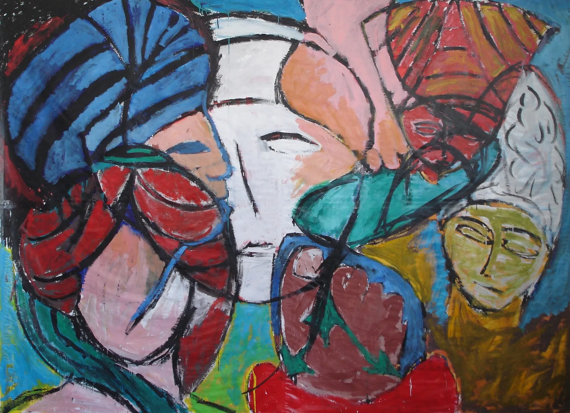 Quatre visages masques et enturbannes, masque blanc, turban bleu raye, coiffe rouge, peinture de Marc Sardina