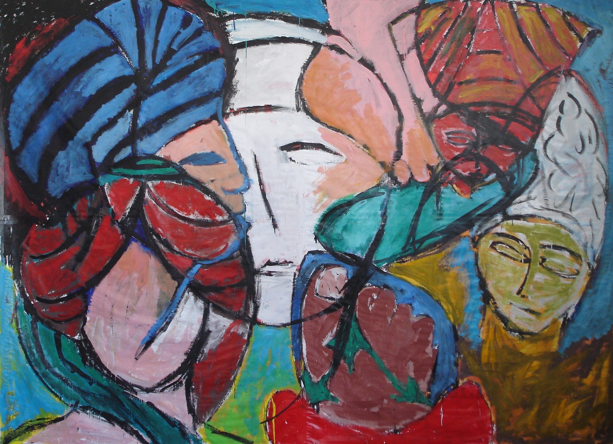 Quatre visages masques et enturbannes, masque blanc, turban bleu raye, coiffe rouge, peinture de Marc Sardina
