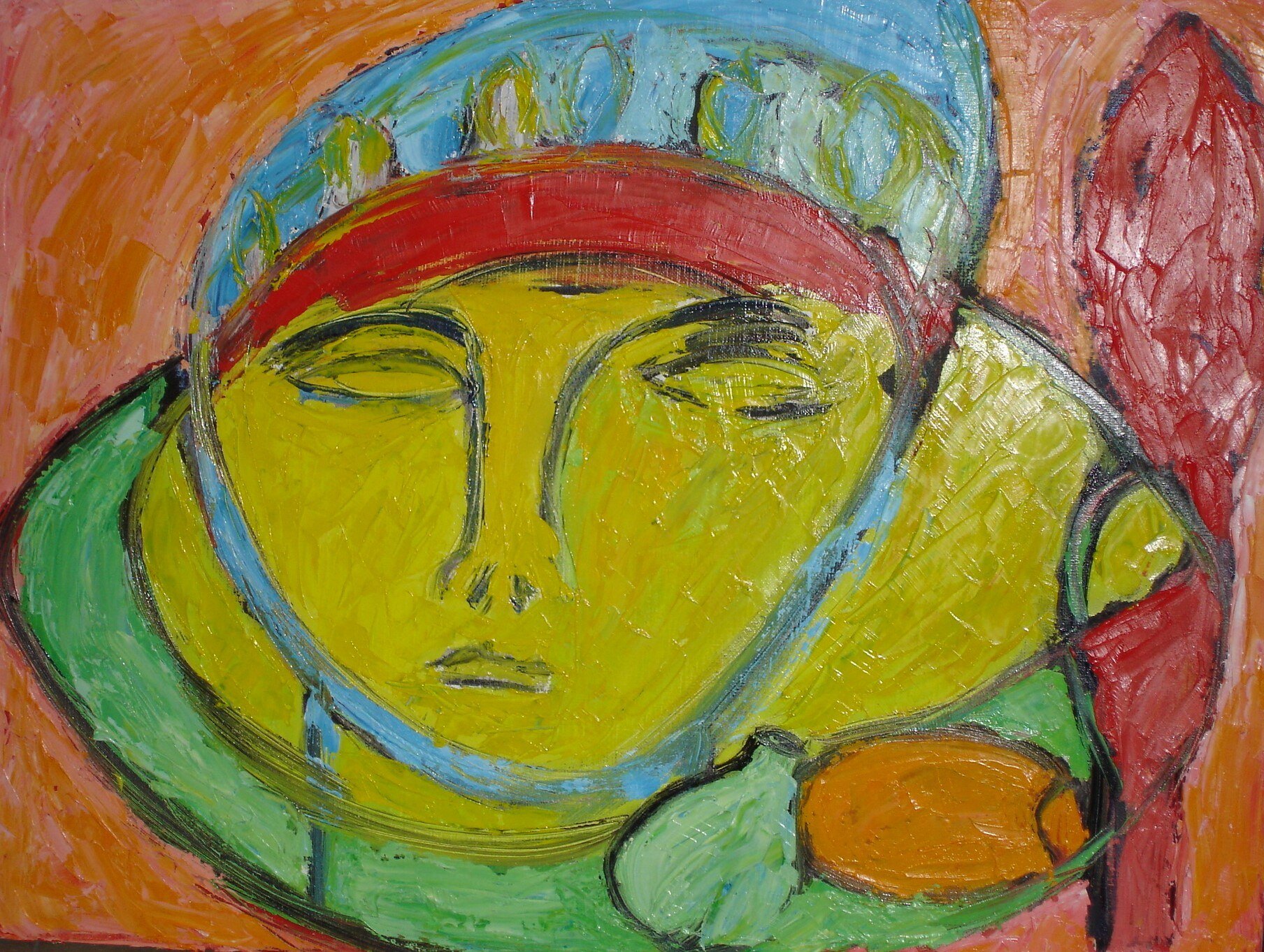 Visage jaune aux yeux clos, bandeau rouge, couronne bleue, fond orange, matiere epaisse, peinture de Marc Sardina