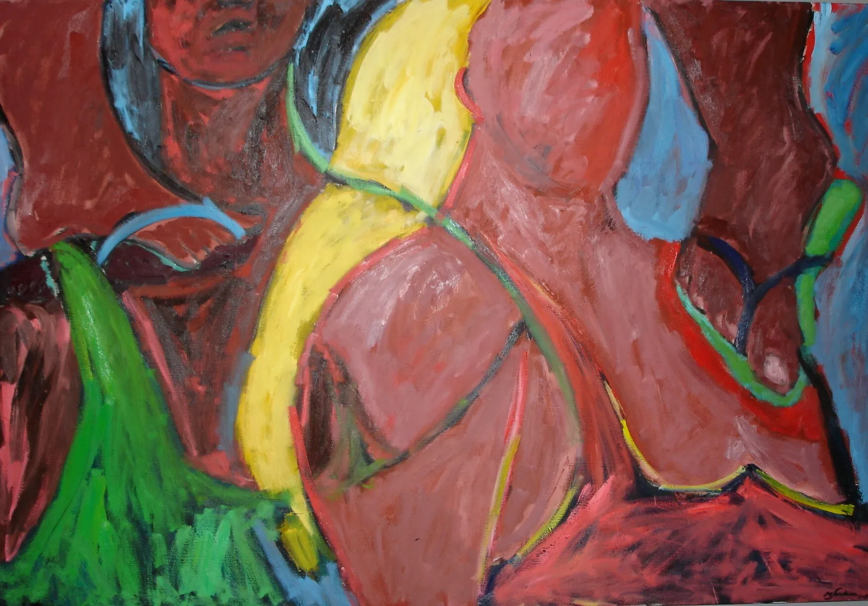 Corps nus enlaces en rouge brique et rose, arc jaune, pointe verte, peinture de Marc Sardina