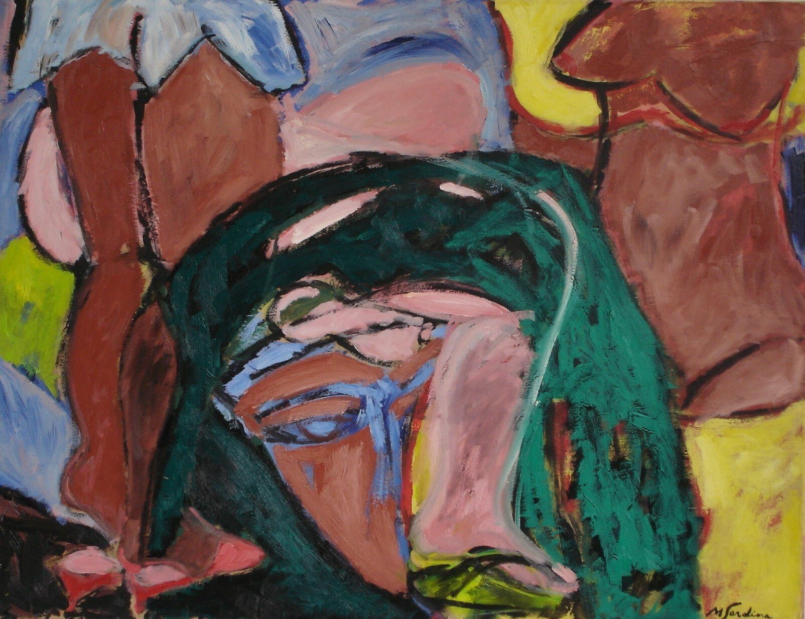 Figure au manteau vert sombre, visage brun, blocs ocre, jaune et bleu autour, peinture de Marc Sardina