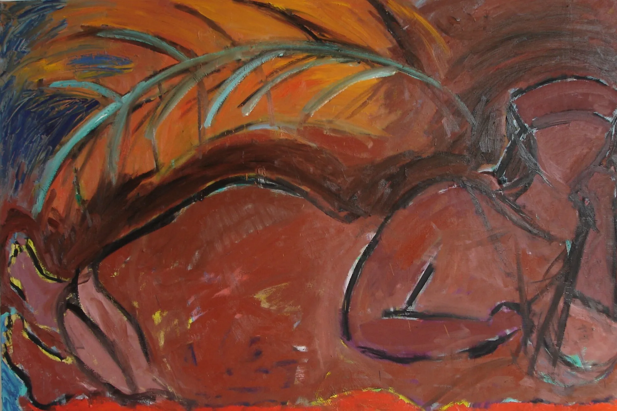 Corps bruns affaisses sur sol rouge brique, palme orange et verte, bande rouge vif, peinture de Marc Sardina