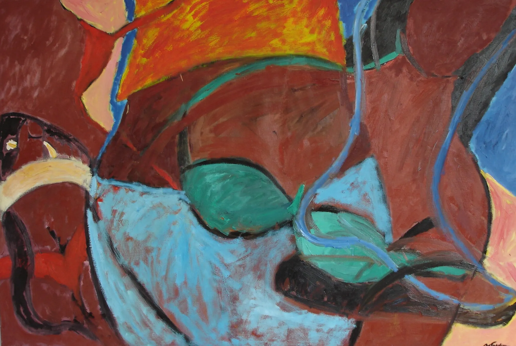 Bouclier sombre, drape bleu clair et forme verte sur fond rouge brun, masse orange en haut, peinture de Marc Sardina