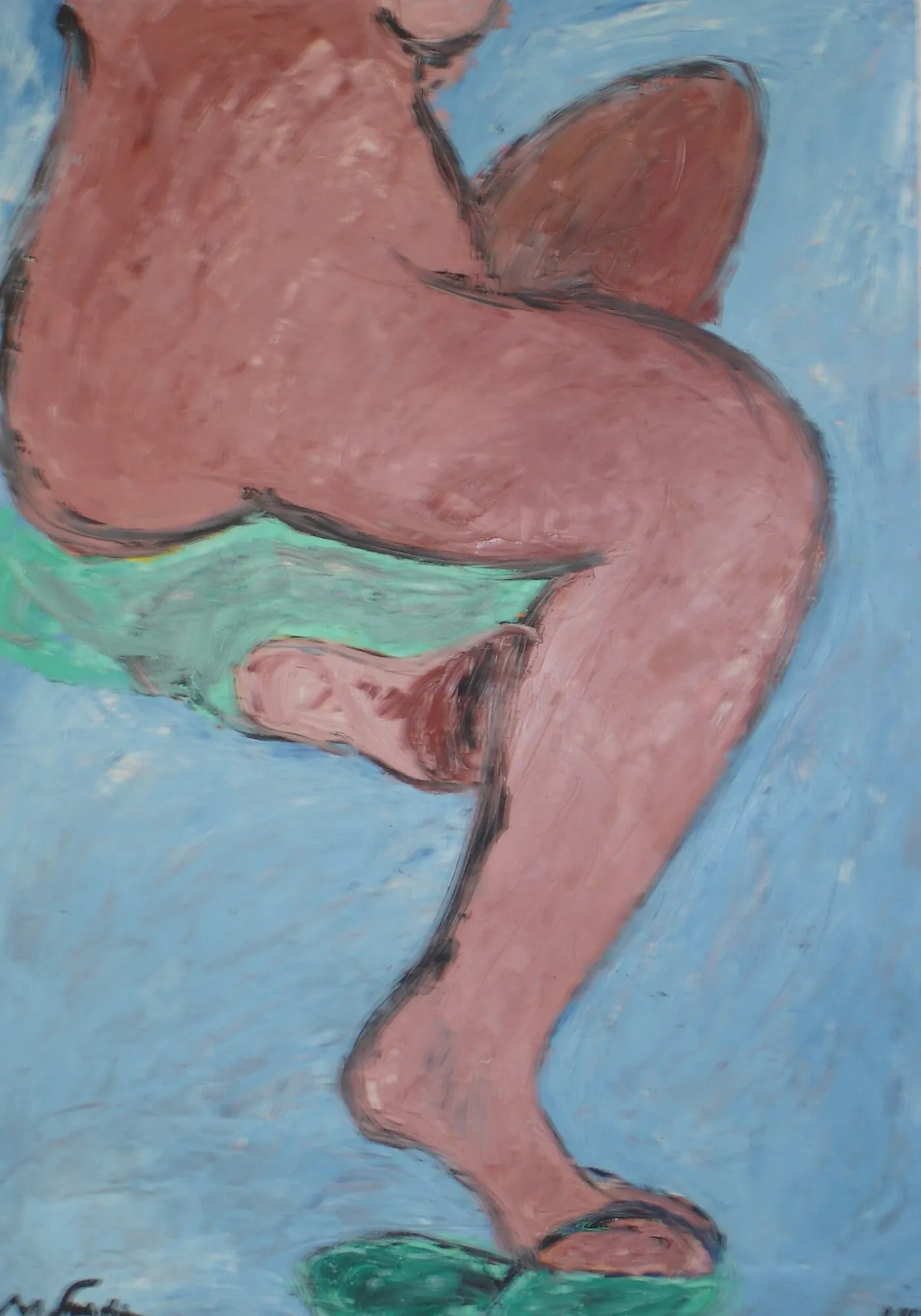 Nu rose vu de dos, jambe tendue, sandale verte, fond bleu clair uni, peinture de Marc Sardina