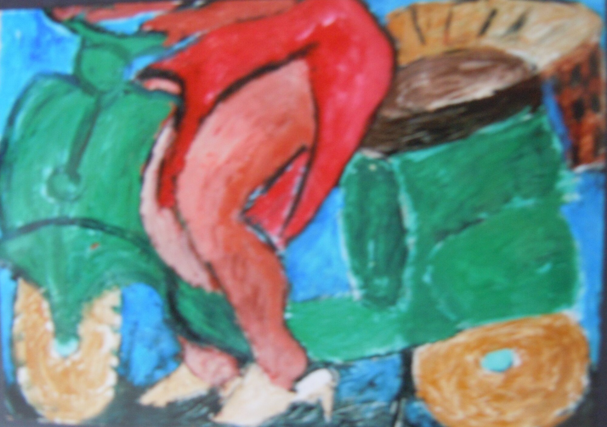Personnage en rouge sur un scooter vert aux roues ocre, fond bleu, facades brunes, peinture de Marc Sardina
