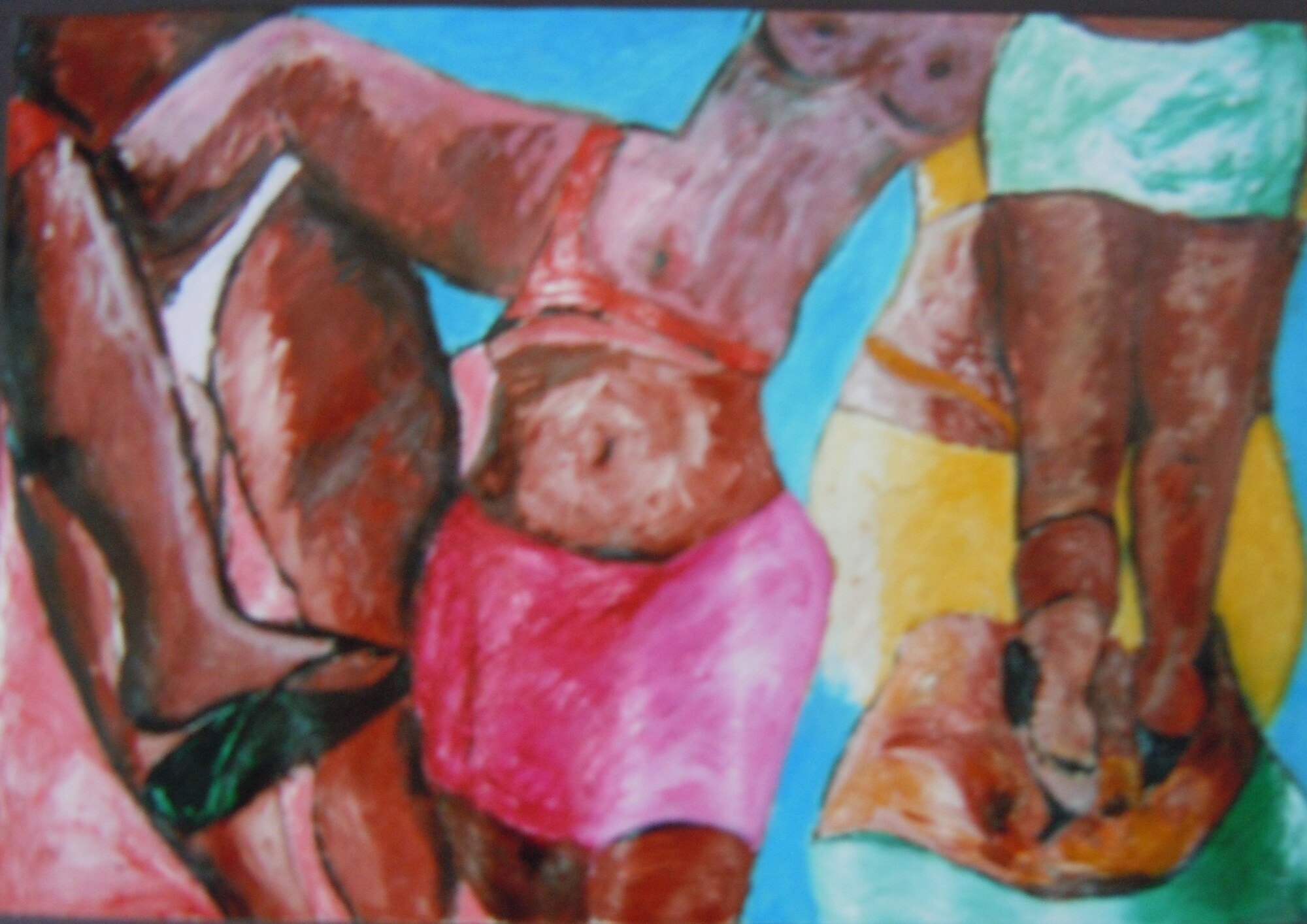 Trois baigneuses brunes en maillots rose et vert sur fond turquoise et jaune, peinture de Marc Sardina