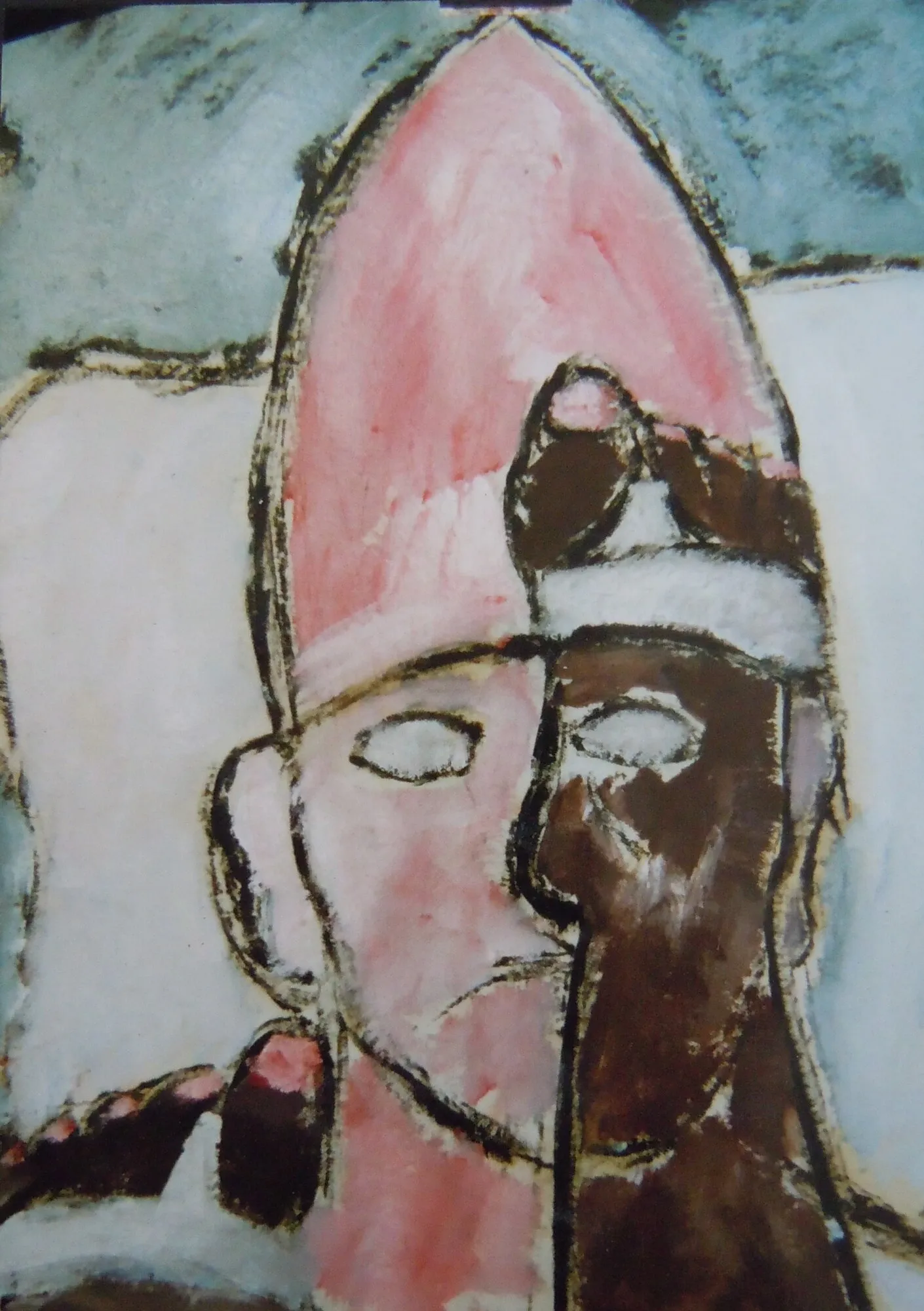 Deux tetes casquees, casque rose et visage brun, fond gris bleu et blanc, peinture de Marc Sardina