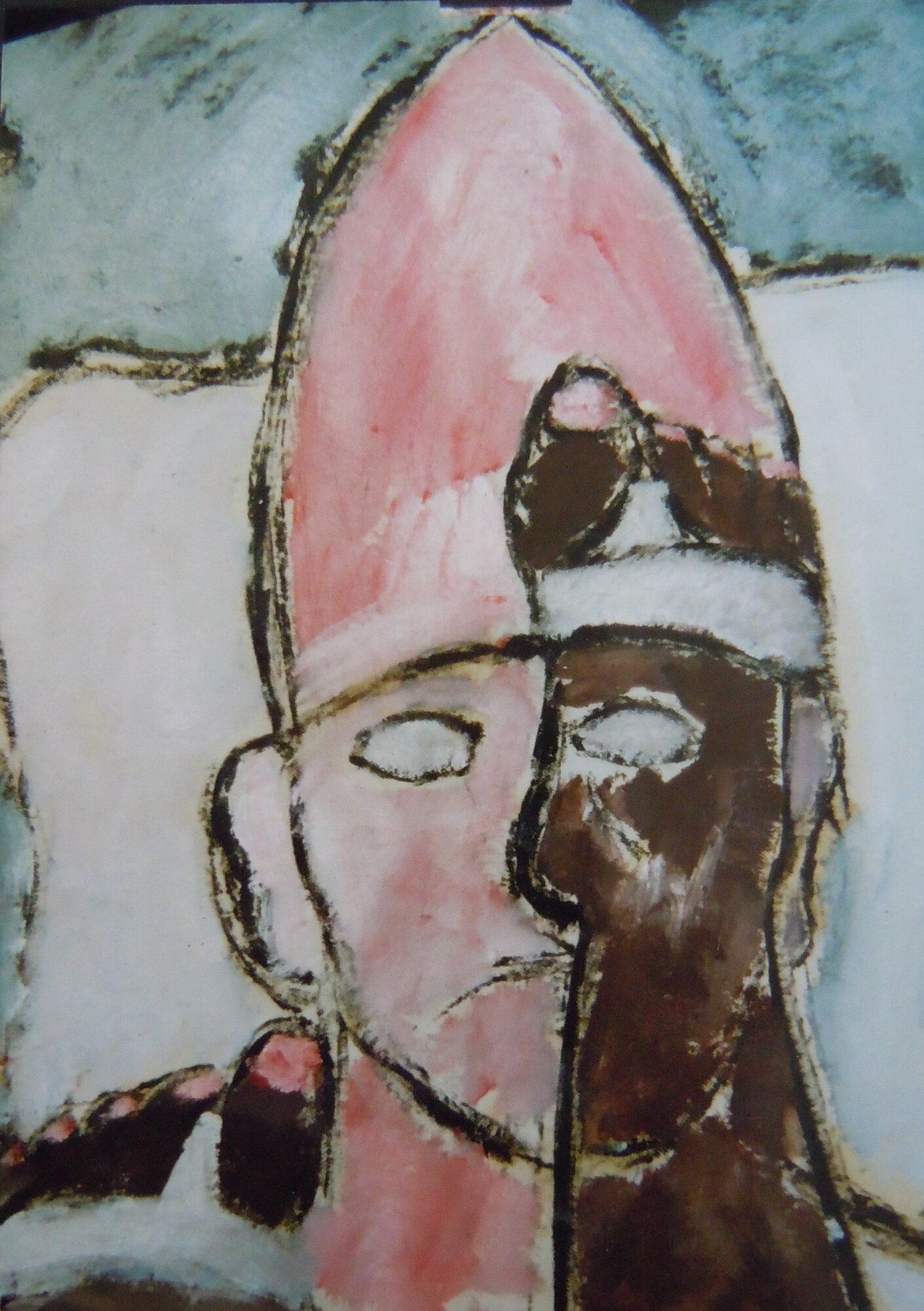 Deux tetes casquees, casque rose et visage brun, fond gris bleu et blanc, peinture de Marc Sardina