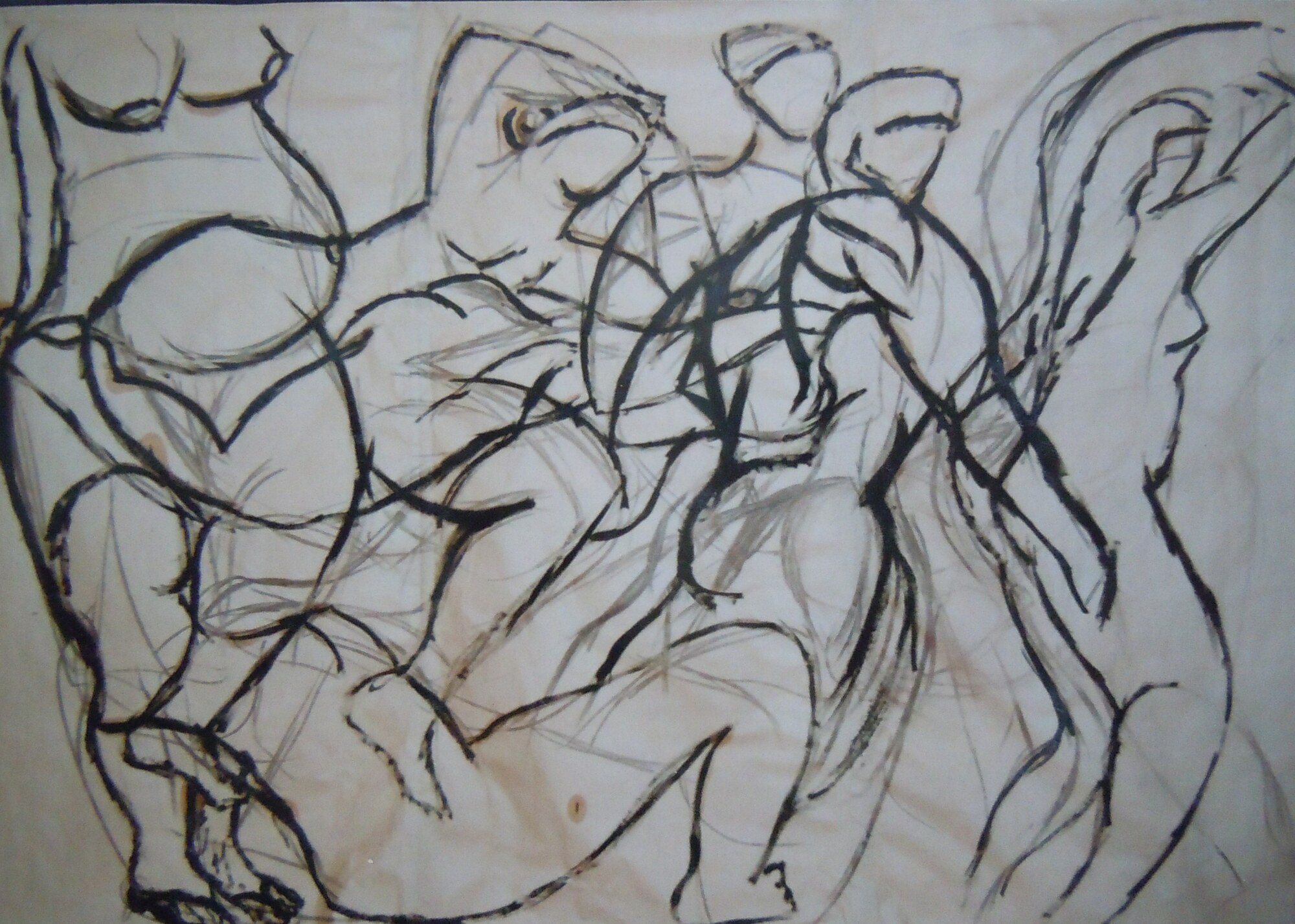 Figures et chevaux en traits d'encre noire sur papier beige tache, melee de bataille, dessin de Marc Sardina