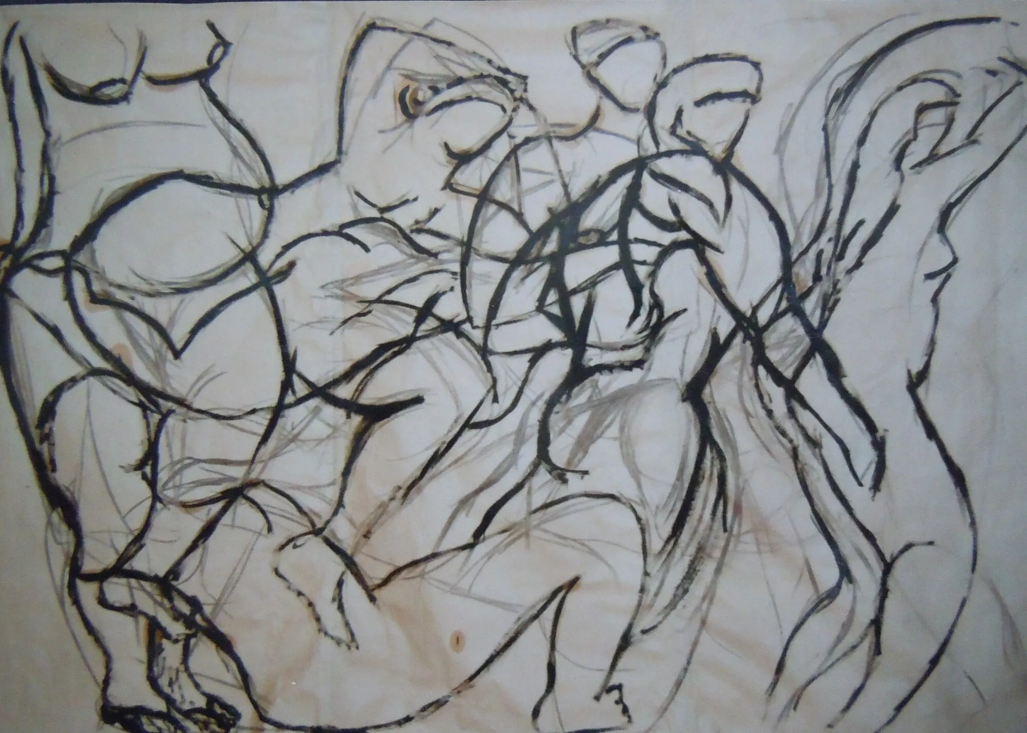 Figures et chevaux en traits d'encre noire sur papier beige tache, melee de bataille, dessin de Marc Sardina