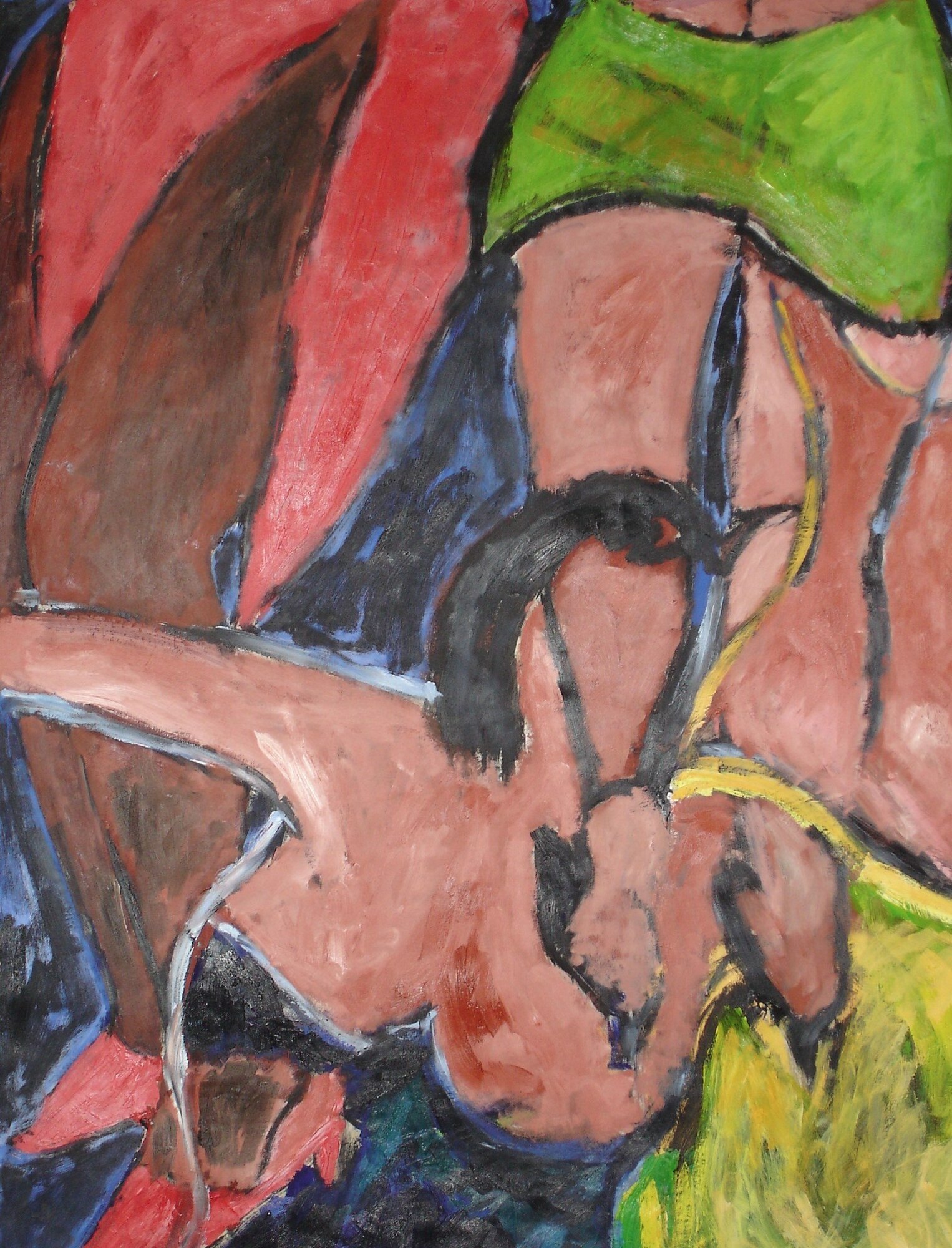 Corps enchevetres sous une draperie rouge et une etoffe verte, cernes noirs et bleu profond, peinture de Marc Sardina